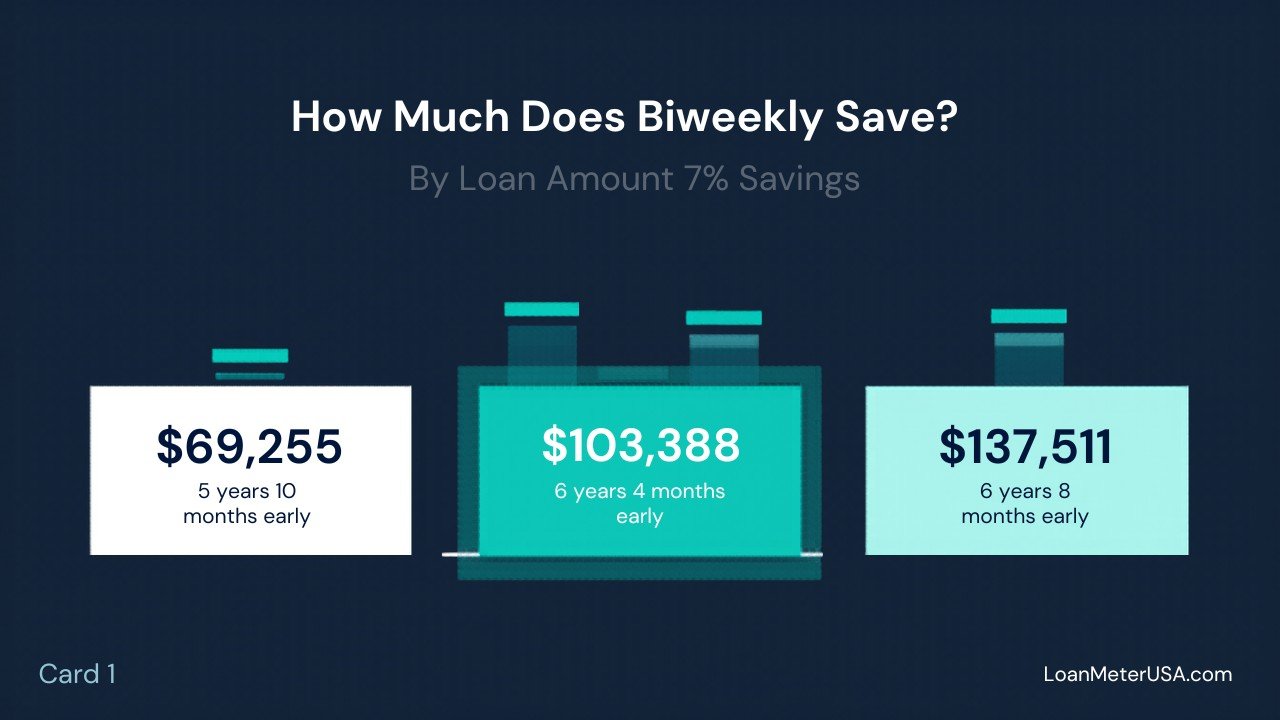 LoanMeterUSA Biweekly Calculator Results — $300K at 7% biweekly mortgage payments savings by loan amount 7 percent interest