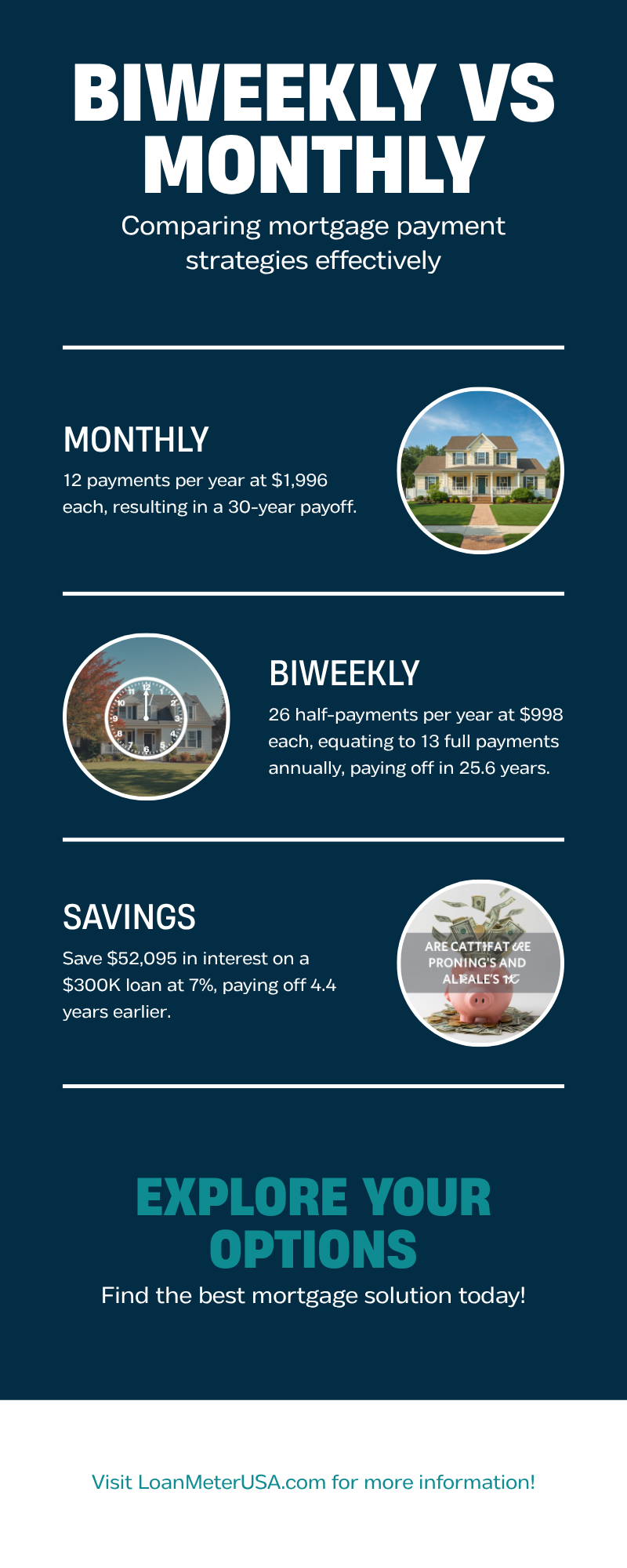 Biweekly vs monthly mortgage payments — 26 biweekly payments vs 12 monthly per year, pay off 4.4 years early