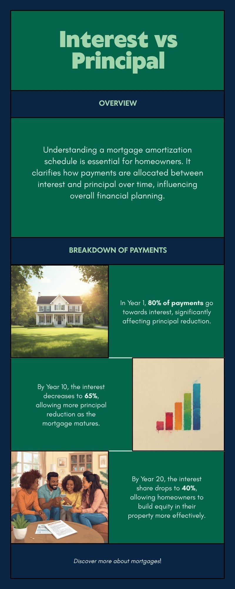mortgage amortization schedule infographic showing interest vs principal breakdown over 30 year loan term